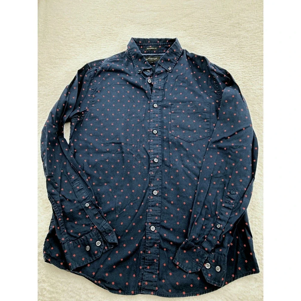 Banana Republic Mens Untucked Fit Shirt Medium Navy Blue Red Micro Floral Cotton
